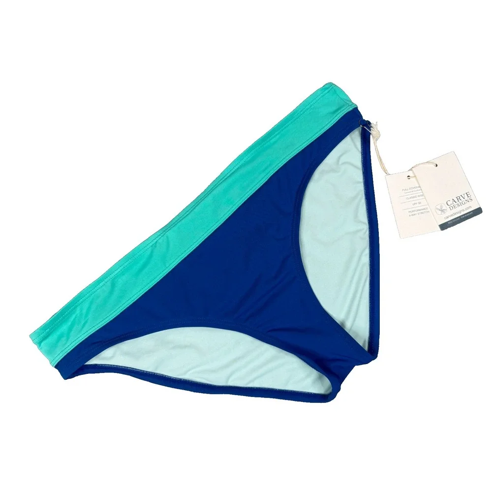 Carve Designs Bikini Bottom Womens L Blue Teal Colorblock UPF Classic Rise NWT